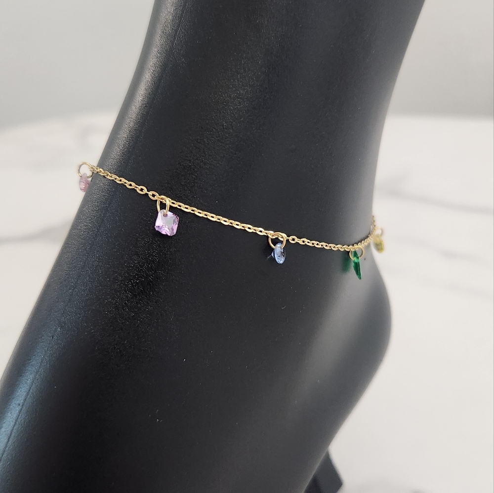 Gold Plated Anklet BraceletWith Colorful Crystal Gemstones Summer Accesories - Picture 8 of 14